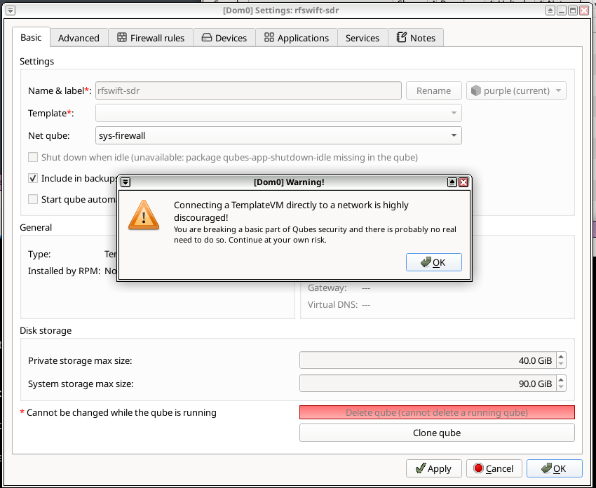 Setting up network for the TemplateVM